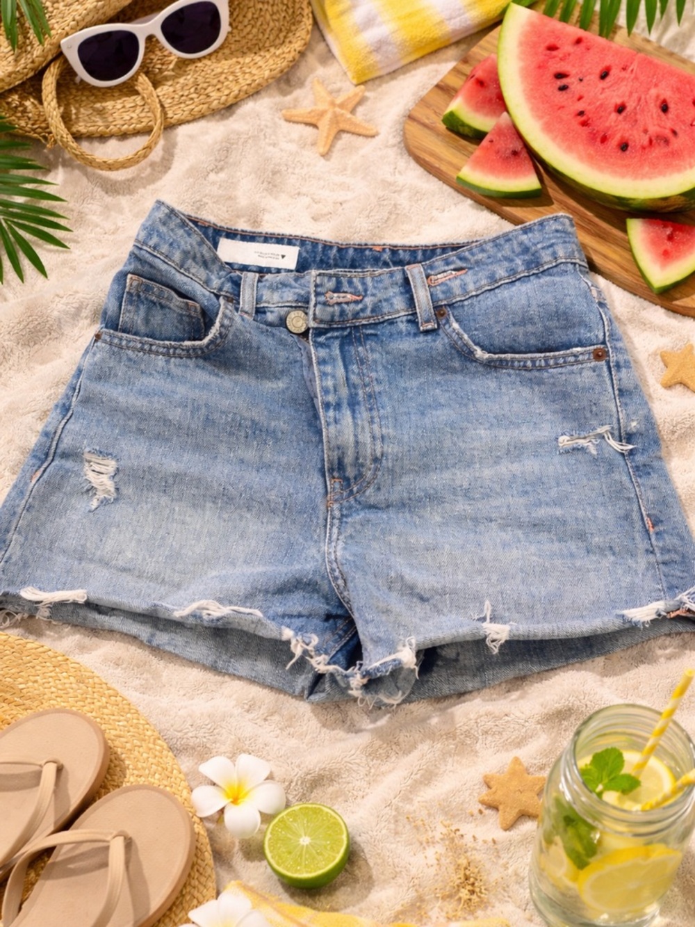 Zara Classic High-Rise Distressed Denim Shorts - Light Blue